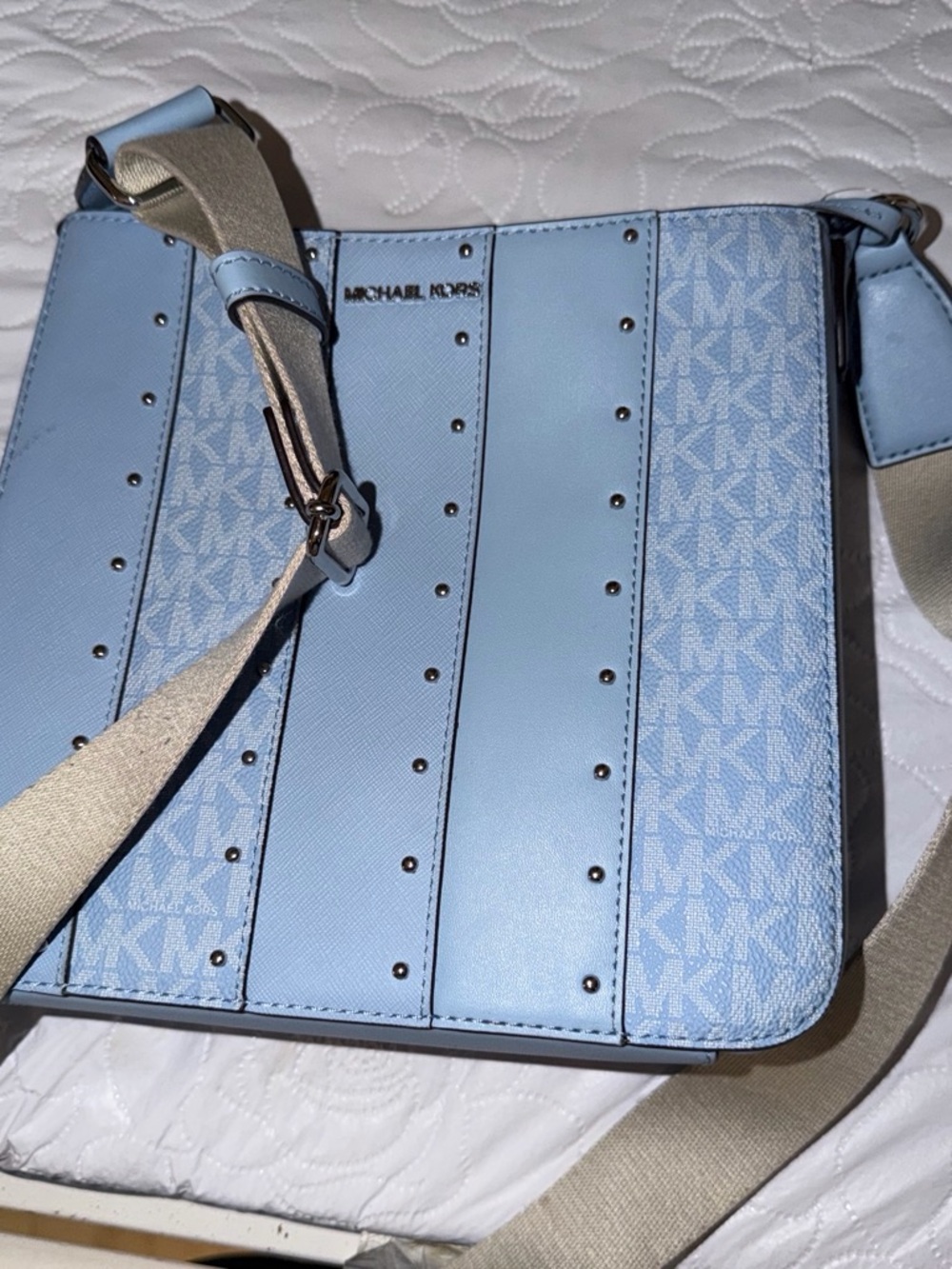 Michael Kors Sky Blue MK Logo Studded Messenger Bag